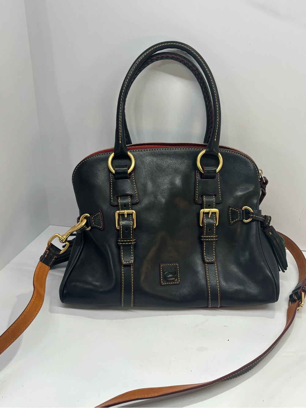 Dooney & Bourke Florentine Leather Satchel Black Red Large Crossbody Tassel - Picture 9 of 11